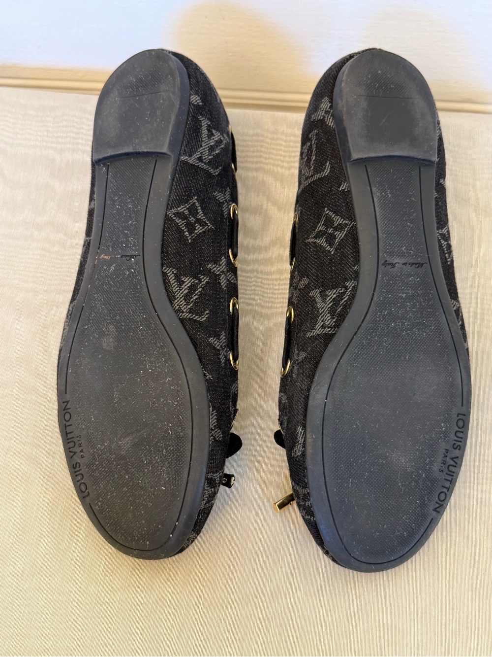 Louis Vuitton Monogram Denim Ballet Flats 36 Black Gold Lace Up Y2K - Picture 5 of 6